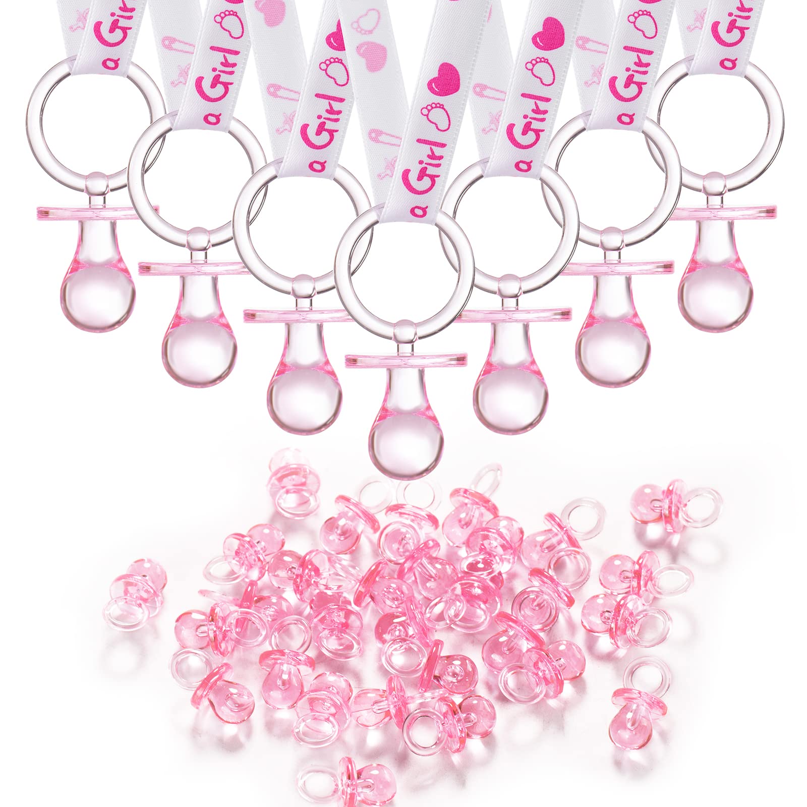 24 Baby Shower Pacifiers Necklace For Girl, 30 Mini Acrylic Pacifiers Charm Party Favors Decorations (Pink)