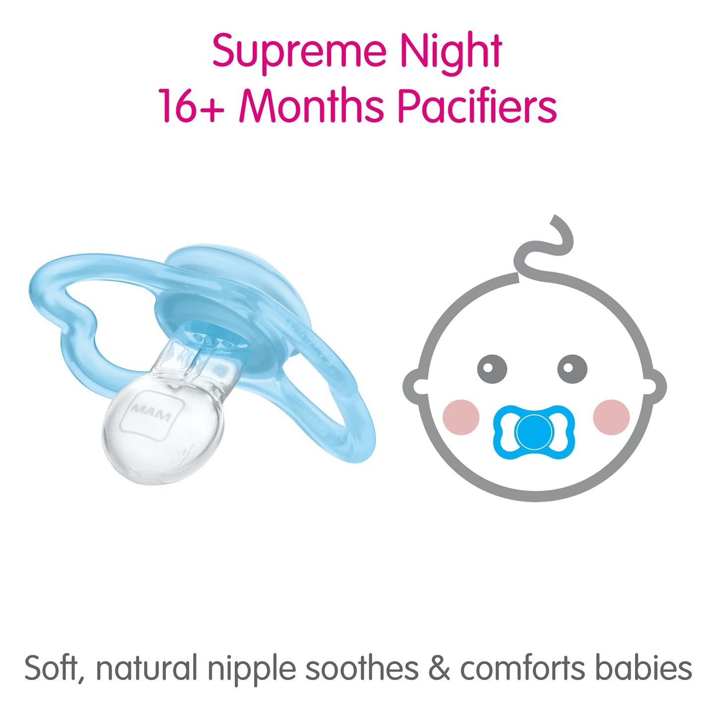 Mam Supreme Night Pacifiers (2 Pack, 1 Sterilizing Pacifier Case), Best Pacifier For Breastfed Babies 16+ Months, Glow In The Da