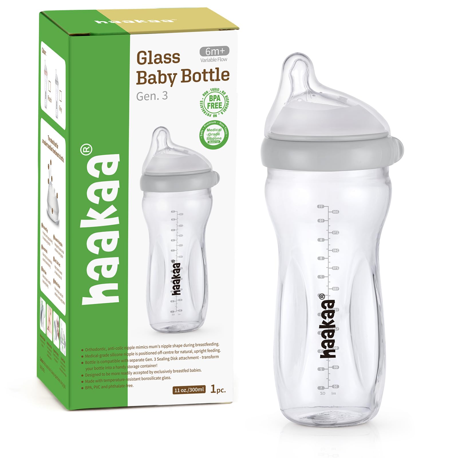 haakaa Gen.3 Natural Glass Baby Bottle 11oz - Wide Neck Anti-Colic Variable Flow Nipple,Easy to Clean & Latch for Newborn 0m+ 6m