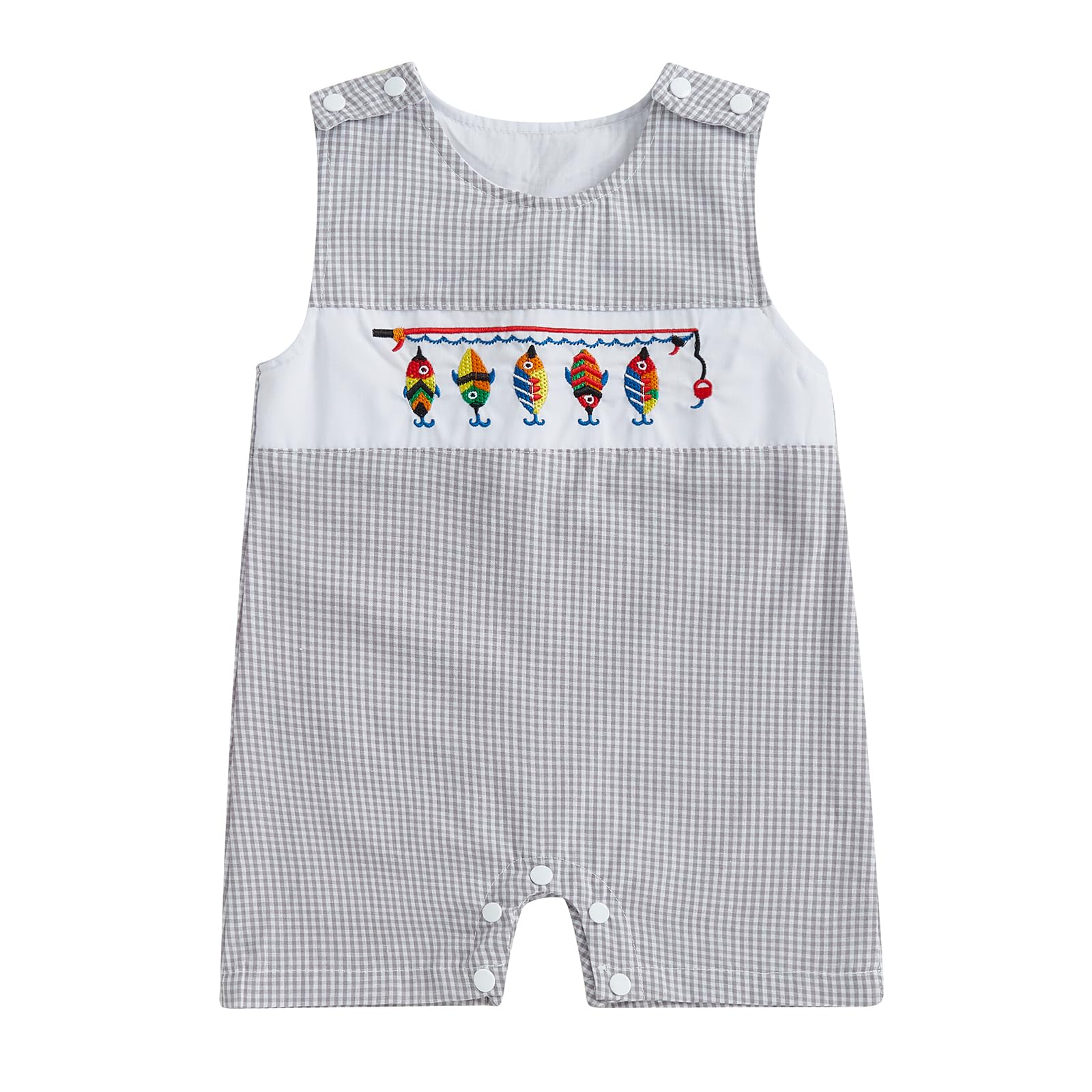 BemeyourBBs Newborn Baby Boy Romper Sleeveless Jumpsuit One Piece Outfit Overall Summer Clothes (Plaid Fishing Gray, 0-3 Months)