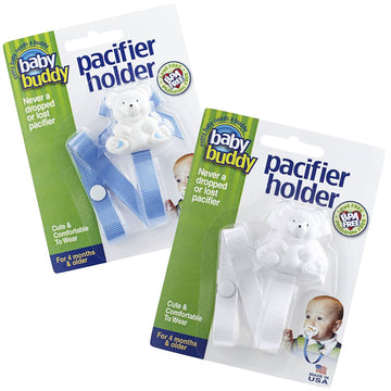 Baby Buddy Pacifier Clip Holder, Newborn Essential With Universal Fit For All Binky And Teether Brands, Ages 4+ Months, Blue + W