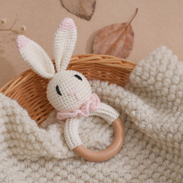 Wooden Baby Rattle, Crochet Pink Bunny Rattle, Newborn Wooden Animal Rattle Toy, Infant Rattle Toys, Pink Bunny