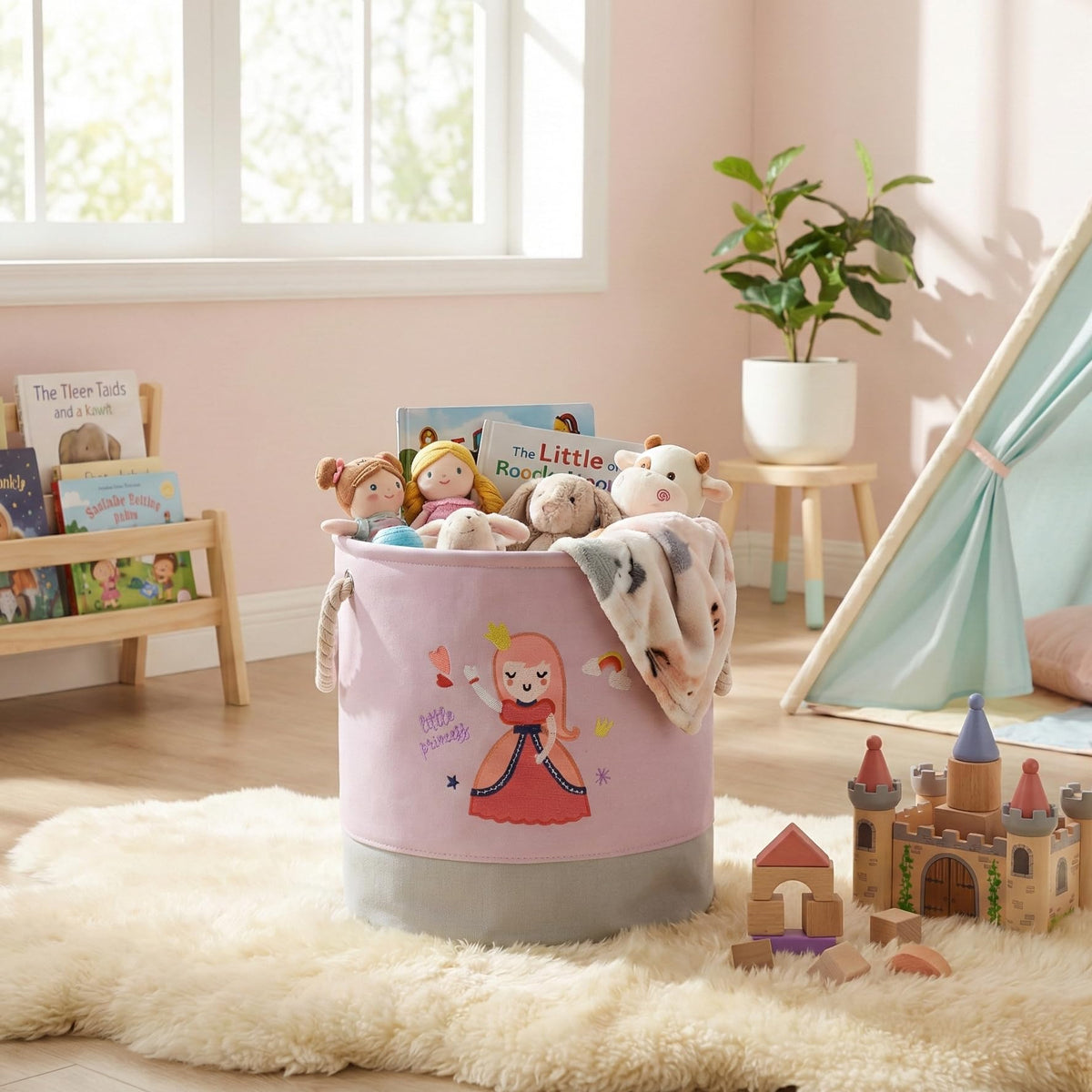 KNOTTY ROPE Little Enchantress Kids Storage Bin | Cute Princess Fairy Design Fabric Basket with Rope Handles | Toy Organizer for