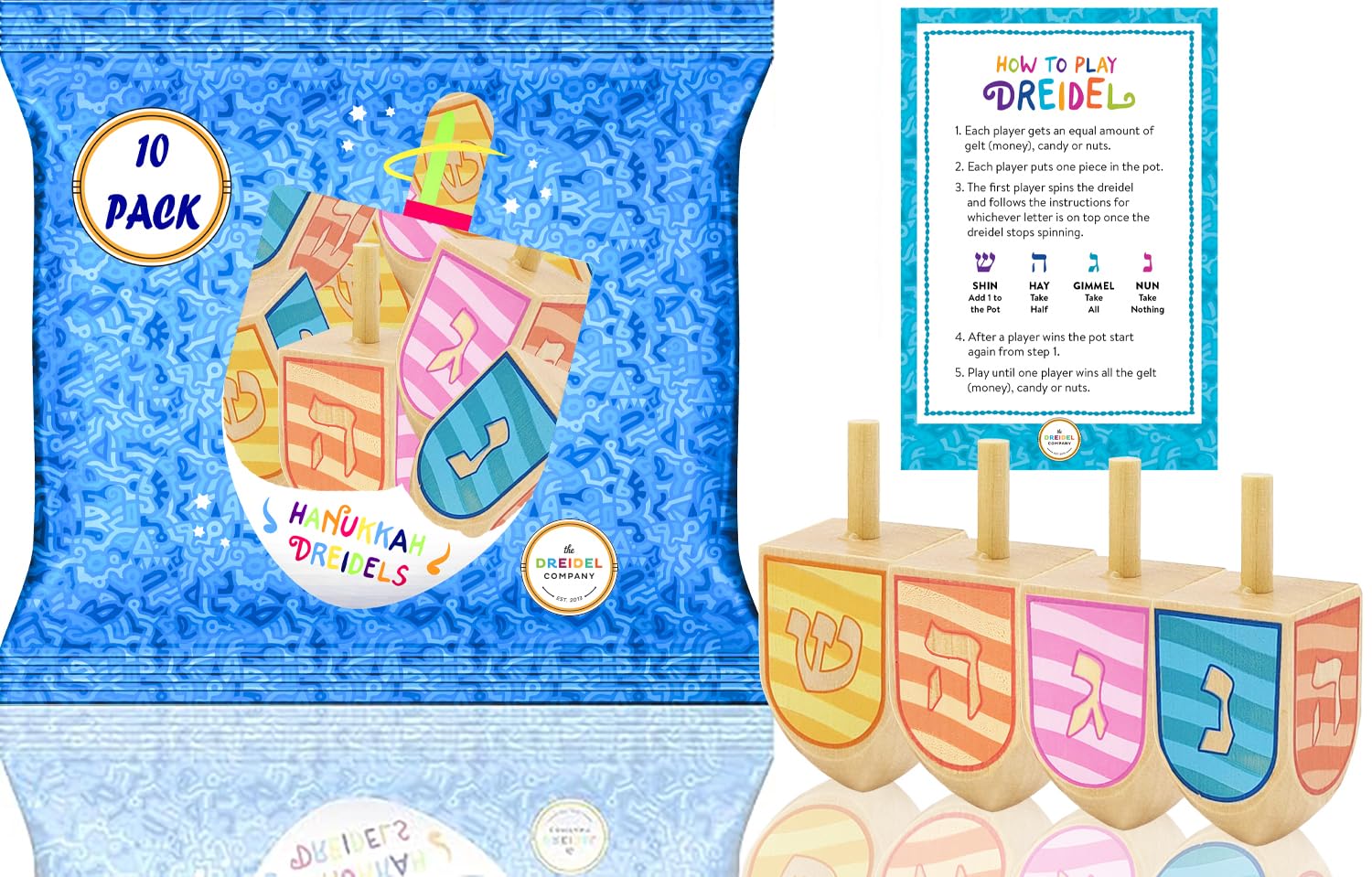 The Dreidel Company Let'S Play The Hanukkah Game 2 Multi Colored Large Hand Painted Wood Dreidels (Style 3, Pack Of 10)