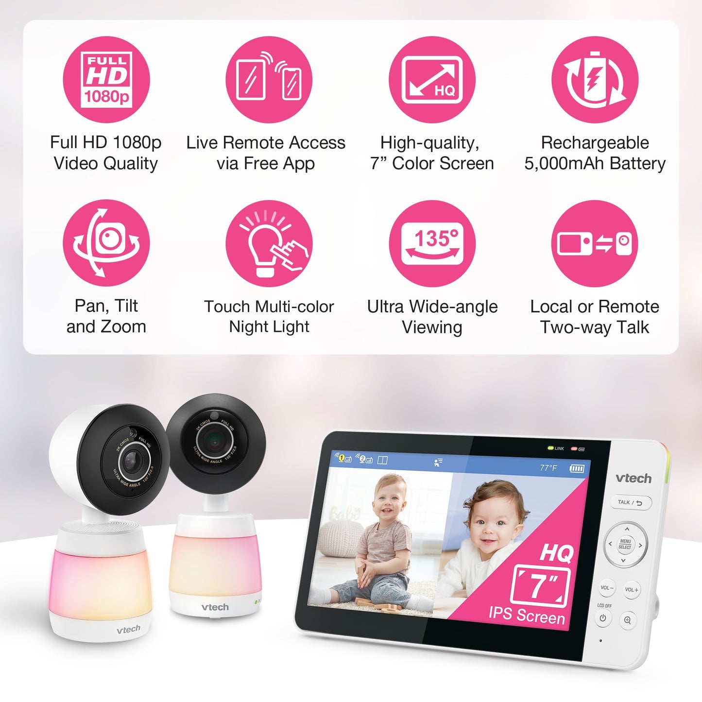 VTech 2-Cameras Smart WiFi Baby Monitor with 1080p FHD Video, Free App with Motion Video, Sound/Motion Detection and Notificatio