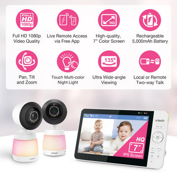 VTech 2-Cameras Smart WiFi Baby Monitor with 1080p FHD Video, Free App with Motion Video, Sound/Motion Detection and Notificatio