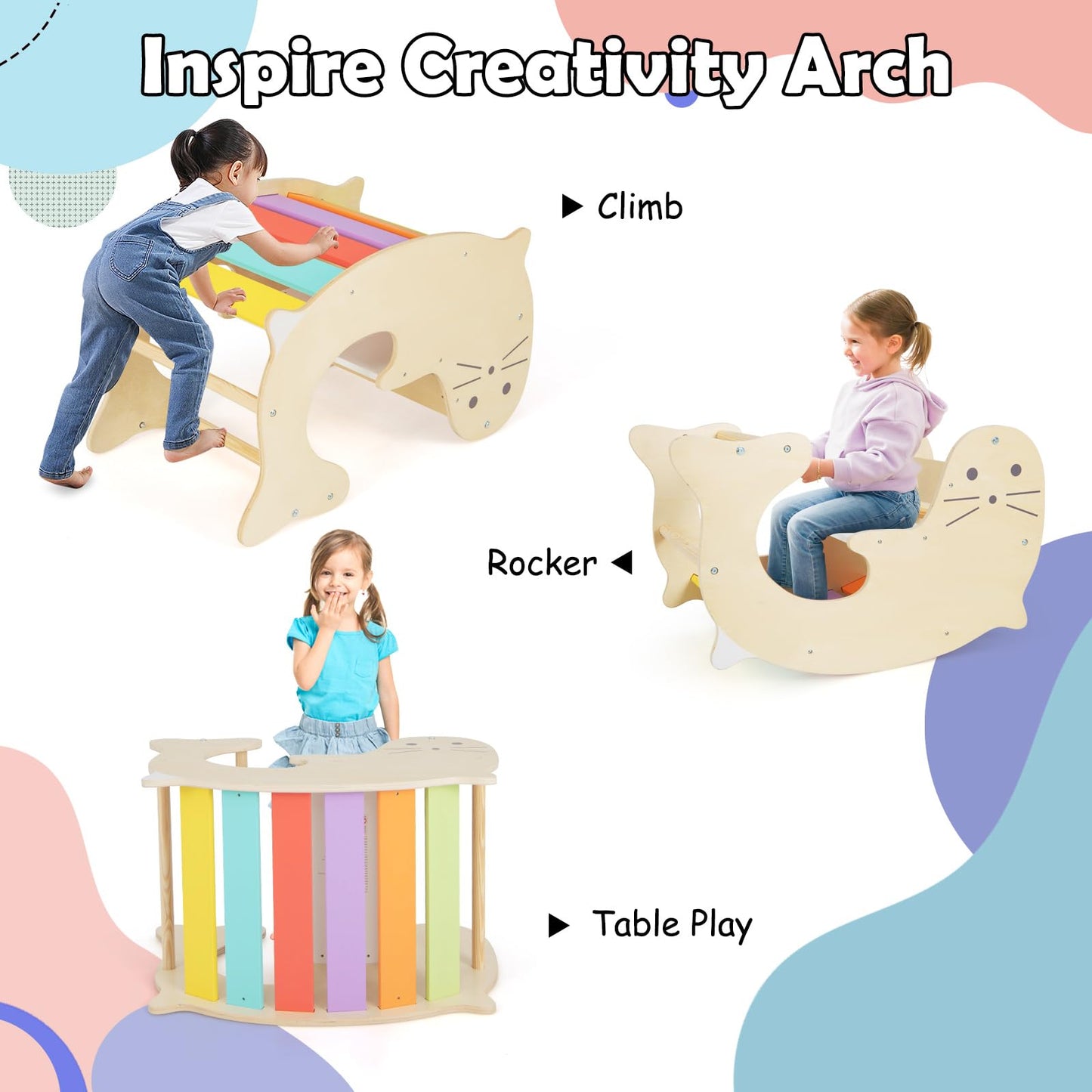 Olakids Climbing Toys For Toddlers, 5 In 1 Foldable Wooden Pikler Montessori Jungle Gym With Ramp Slide Arch Rocker Angle Adjust