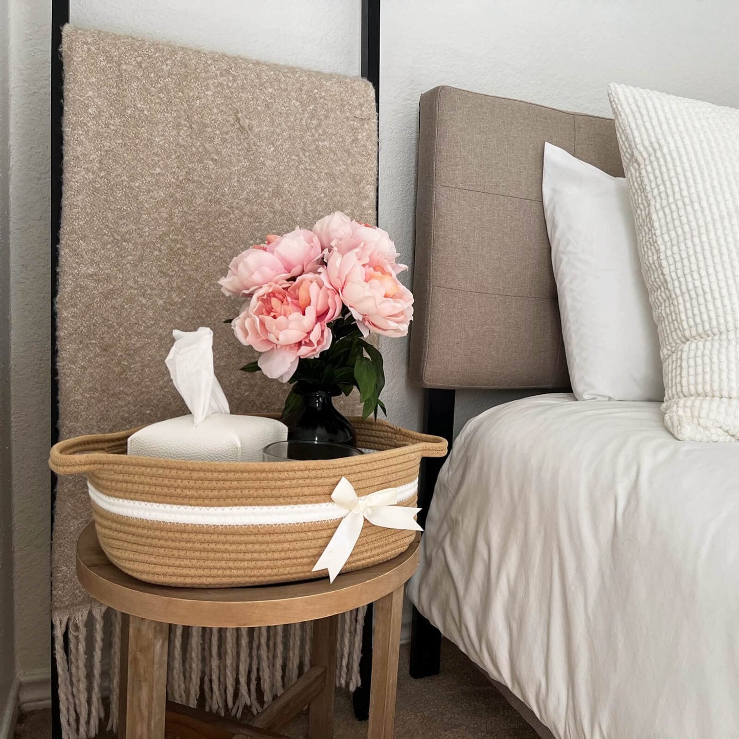 Chicvita Small Woven Rope Gift Basket, Baby Nursery Storage Basket For Towels, Snacks, Toys, Diapers, Rectangle Shelf Basket For