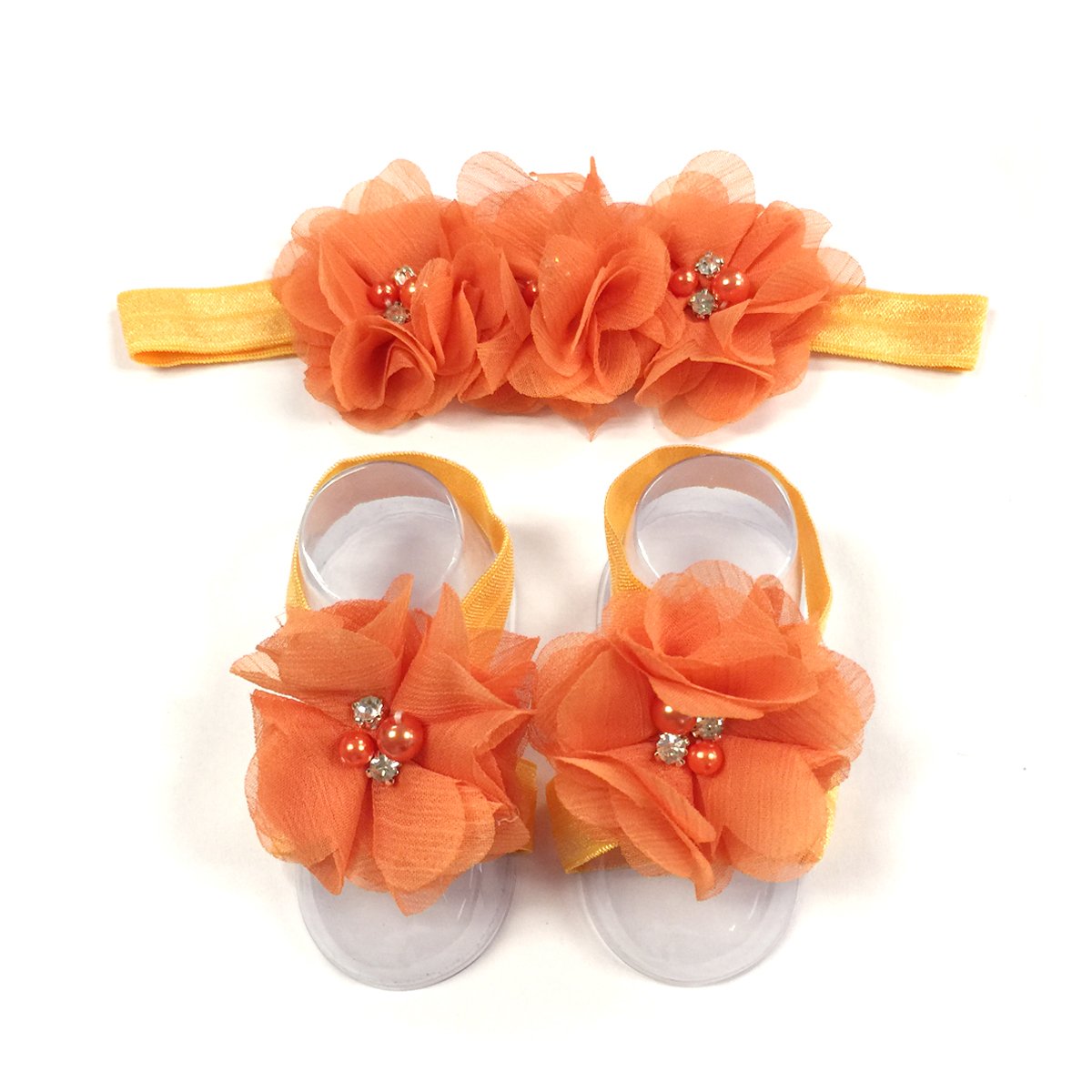 Allydrew Baby Girl Barefoot Flower Sandals & Headbands Set Chiffon Flower Baby Sandals - Sunshine (Set Of 4),One Size