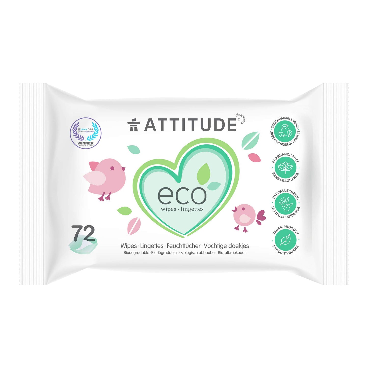 Attitude Biodegradable Baby Wipes, Plant Based Unscented Diaper Wipes For Babies And Newborn, Dermatologically Tested, Vegan, 72