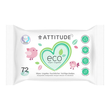 Attitude Biodegradable Baby Wipes, Plant Based Unscented Diaper Wipes For Babies And Newborn, Dermatologically Tested, Vegan, 72
