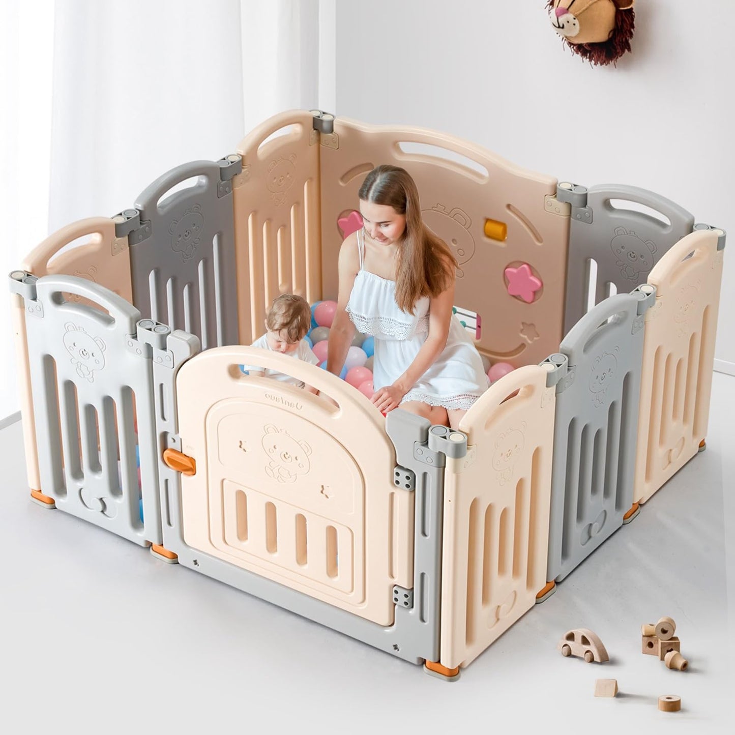 UANLAUO Foldable Playpen, Baby & Toddler Safety Play Yard with Gate, Indoor & Outdoor Use, Grey + Cream, 10 Panel