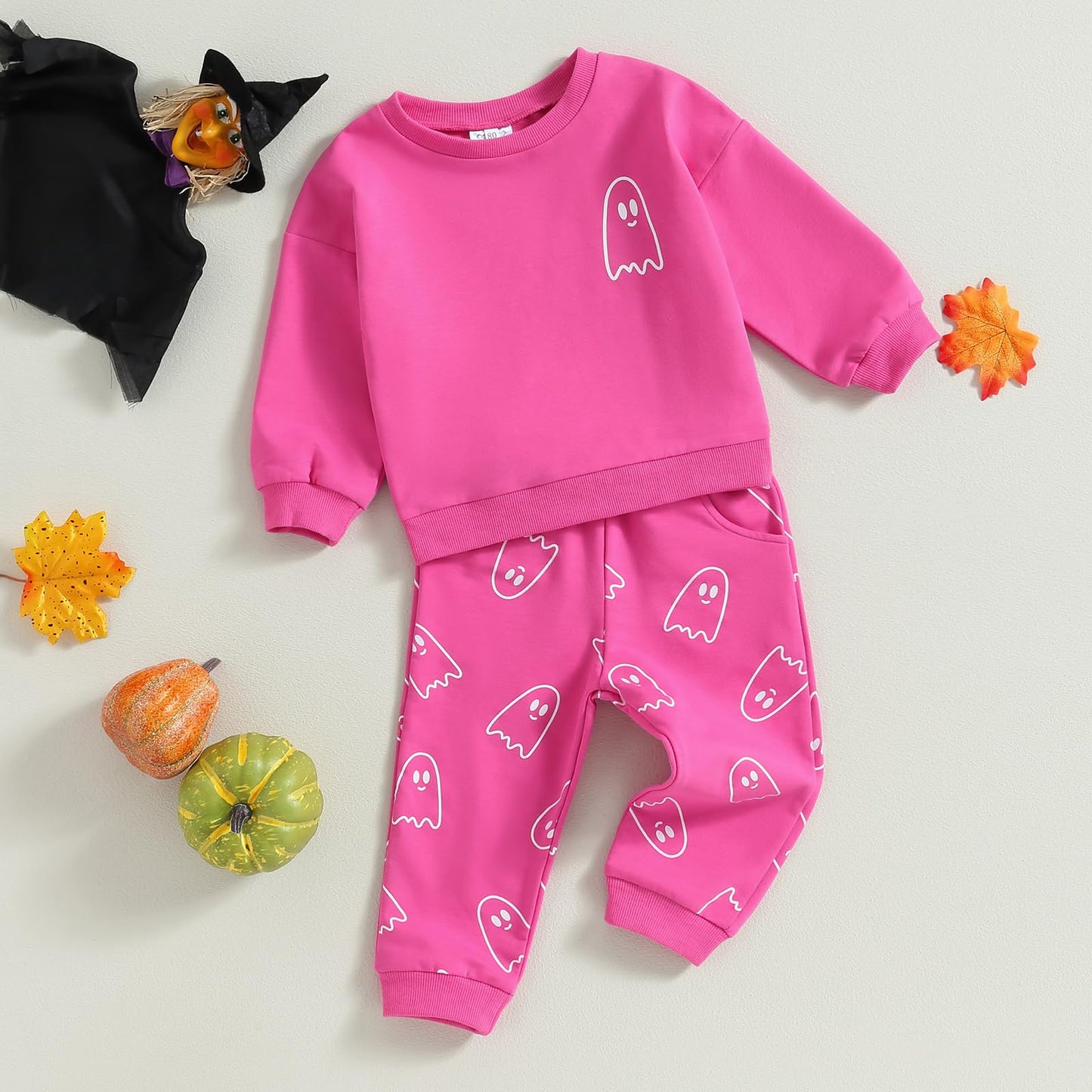 Toddler Baby Girl Boy Halloween Clothes Pumpkin Shirt Ghost Sweatshirt Pants Fall Outfit Baby Halloween Costumes (Rose Pink Ghos