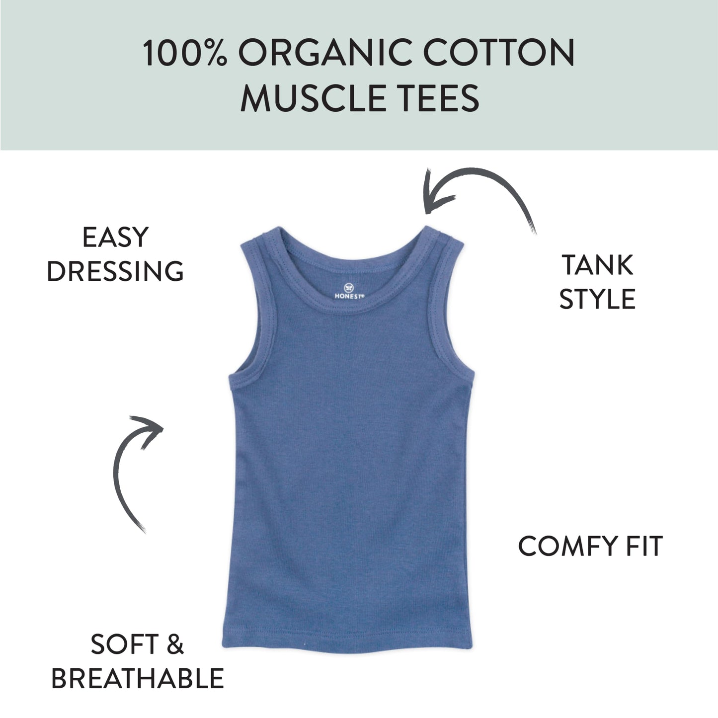 Honestbaby Sleeveless Muscle T-Shirts 100% Organic Cotton For Infant Baby And Toddler Boys, Girls, 5-Pack Ombre Blues, 0-3 Month