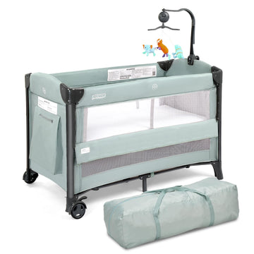 JOYMOR Baby Bassinet, Pack and Play with Bassinet and Carry Bag, Convert to Bedside Sleeper with Wheels for Boys Girls (Green)