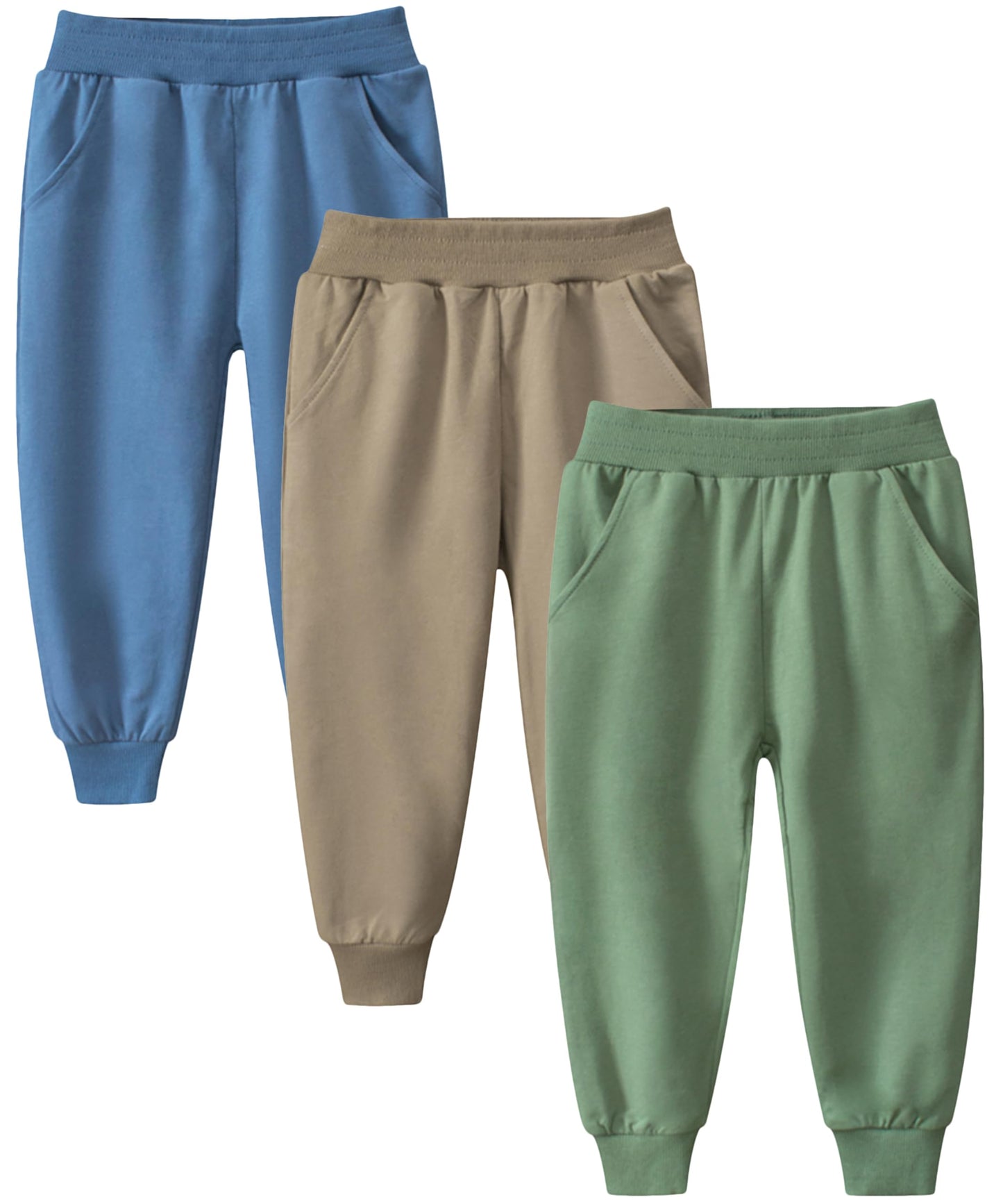Gfqlong Toddler Boys 3 Pack Cotton Active Jogger Sweatpants,Kids Casual Athletic Solid Pocket Pull On Pants,Green+Lightblue+Khak