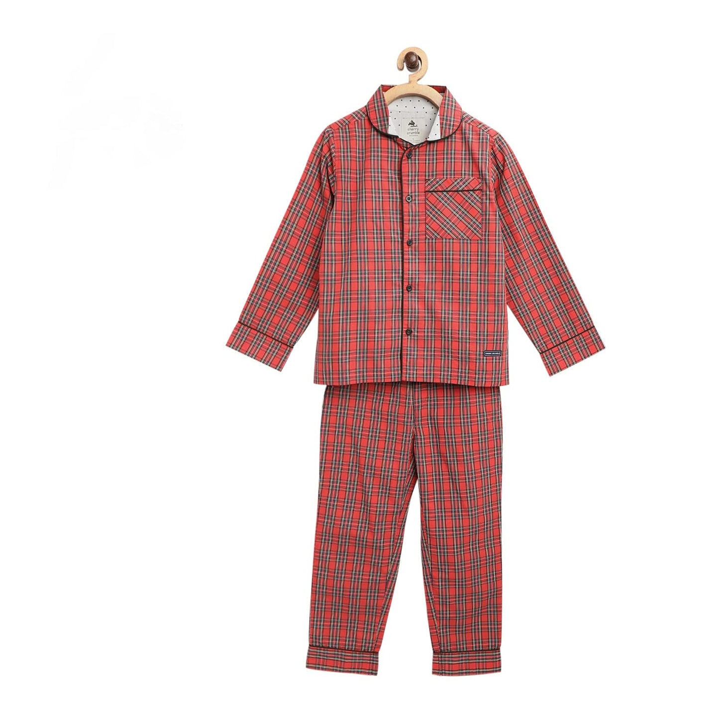 Cherry Crumble Red Checkered 100% Cotton Full Sleeves Peter Pan Collar Night Wear Regular Fit Summer Nightsuit for Boys and Girl