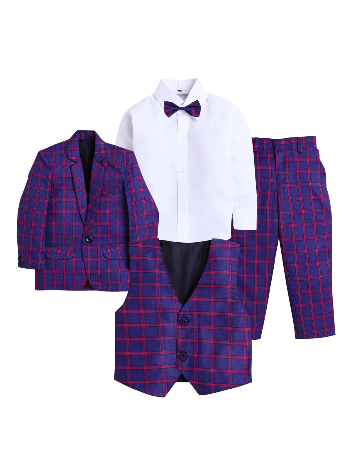 Jeetethnics Boys Navy Blue Checked Coat Suit Set With Waistcoat Shirt And Trousers (9083H)