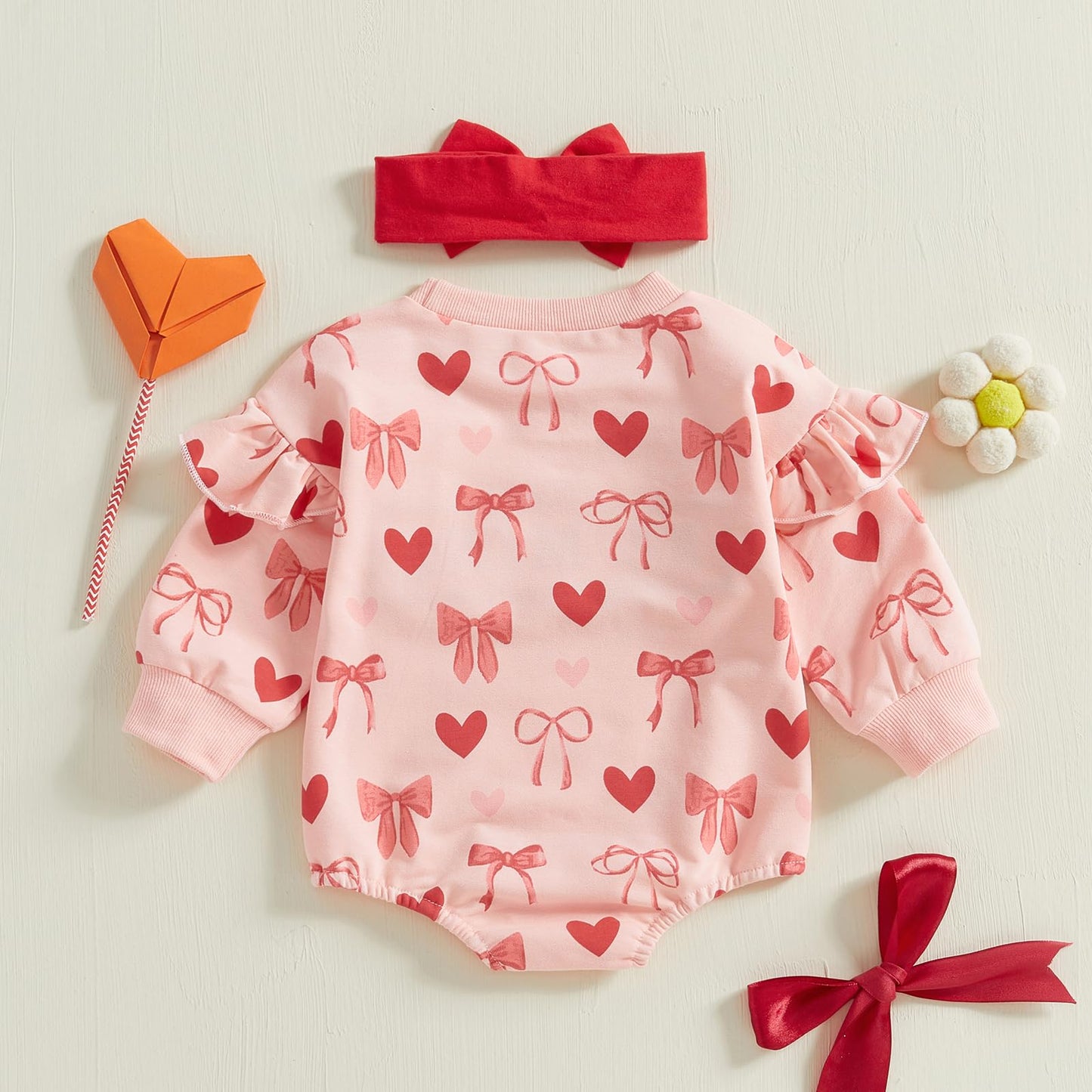 Dcohmch Baby Girl Valentines Day Outfit Long Sleeve Heart Bow Print Romper With Headband Newborn Valentine Clothes (Pink, 12-18