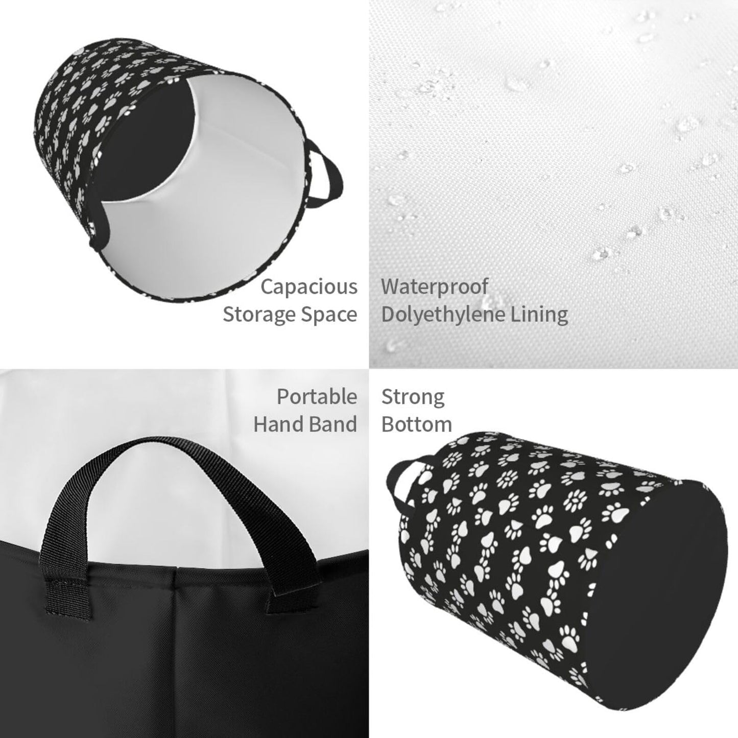 Gbuzozie Black And White Dog Animal Paws Round Laundry Hamper Storage Basket Toys Clothes Organizer Bin For Home Bathroom Bedroo