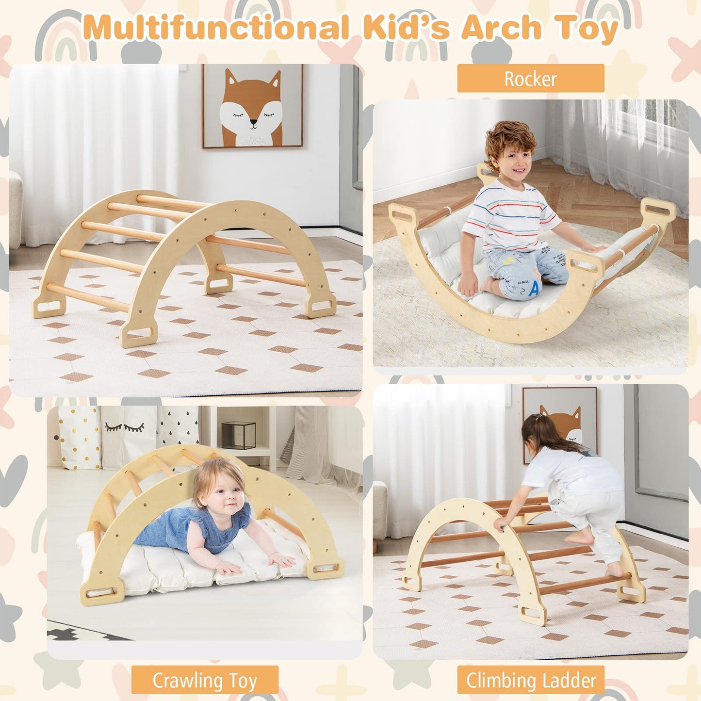 Honey Joy Wooden Ladder Arch For Climbing, 3-In-1 Kids Climber Ladder & Rocker Board W/Cushion Pad, Triangle Climber For Playgro