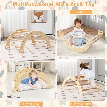 Honey Joy Wooden Ladder Arch For Climbing, 3-In-1 Kids Climber Ladder & Rocker Board W/Cushion Pad, Triangle Climber For Playgro