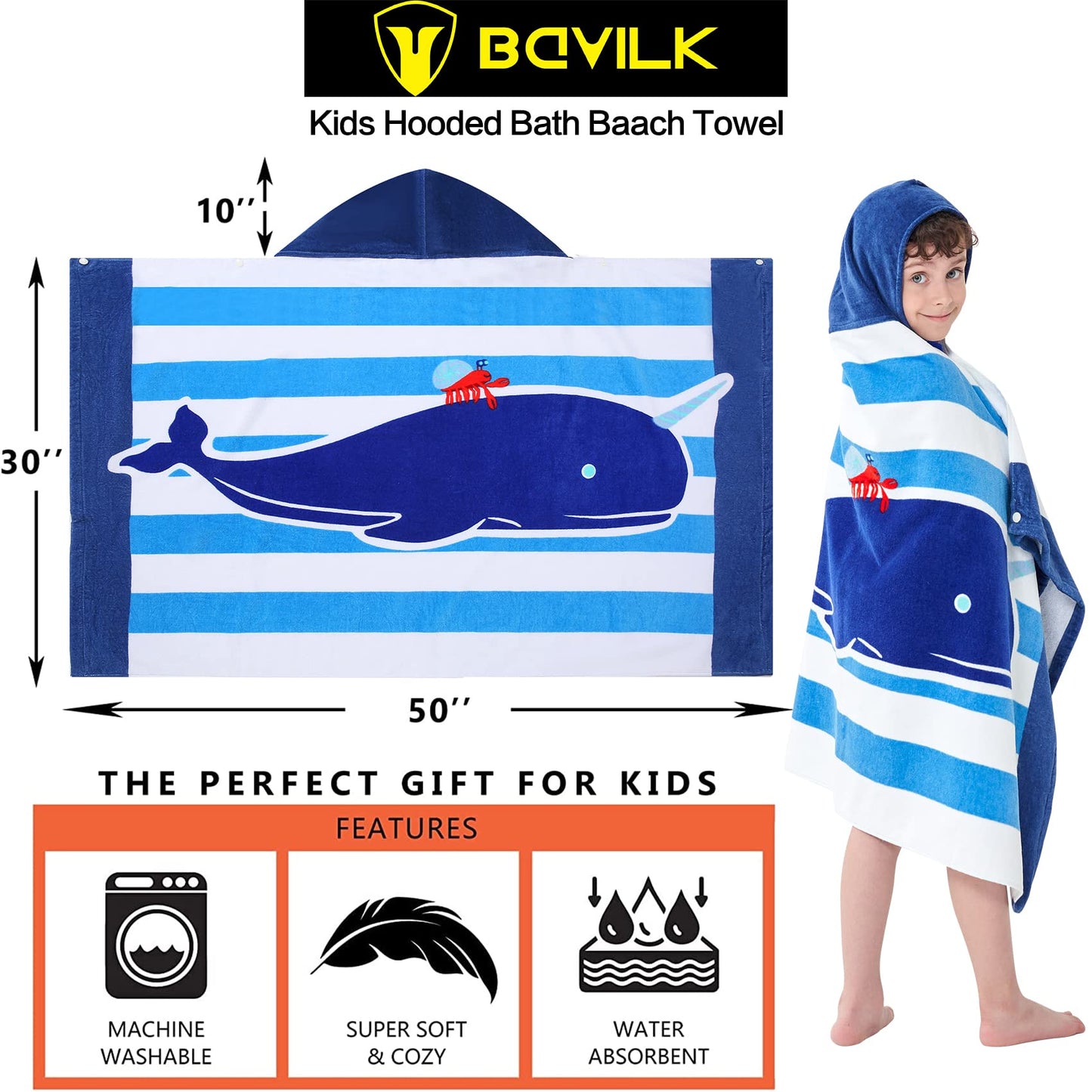 Bavilk Kids Hooded Bath Beach Towel Girls Boys Swim Pool Cover Up Super Absorbent Cute Cartoon Animal Full Vitality (Blue Narwha