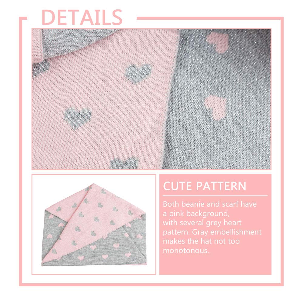 Jangannsa Knitted Baby Hat Scarf Set Winter Warm Boys Girls Beanie Fleece Lining Toddler Kids Hats With Pompom (Pink Heart(Hat+S