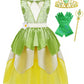 Cotrio Little Girls Green Fairy Tale Frog Princess Tiana Dress Kids Birthday Party Fancy Dresses Halloween Costume Outfits Elf R
