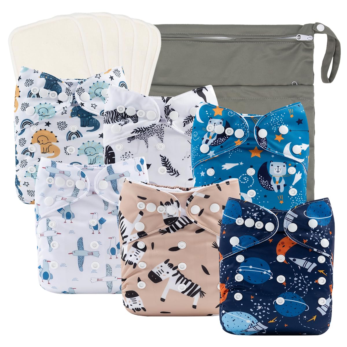babygoal Reusable Cloth Diapers 6 Pack+6pcs Rayon from Bamboo Inserts+Wet Bag, One Size Adjustable Washable Pocket Nappy Covers 
