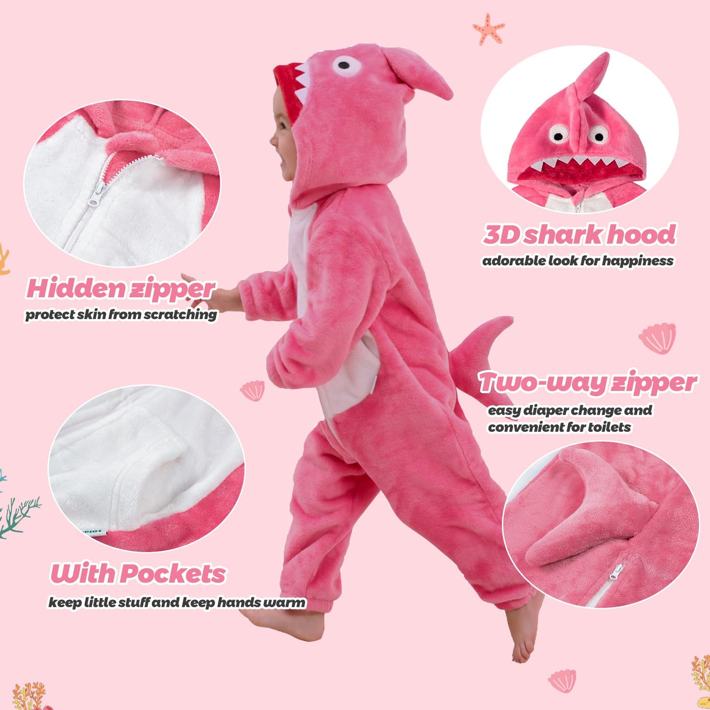 Lolanta Shark Costume Kids Shark Outfit One Piece Animal Bodysuit For Kids Halloween Fancy Dress (Rose Red, 6-7 Years)