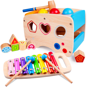 rolimate Hammering Pounding Toys Wooden Educational Toy Xylophone Shape Sorter, Birthday Gift for 1 2 Years Boy Girl Baby Toddle