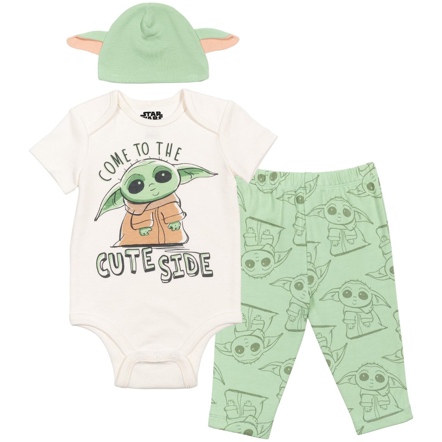 Star Wars Mandalorian Baby Yoda Baby Boys 3 Piece Outfit Set: Bodysuit Pants Hat 0-3 Months Green/White