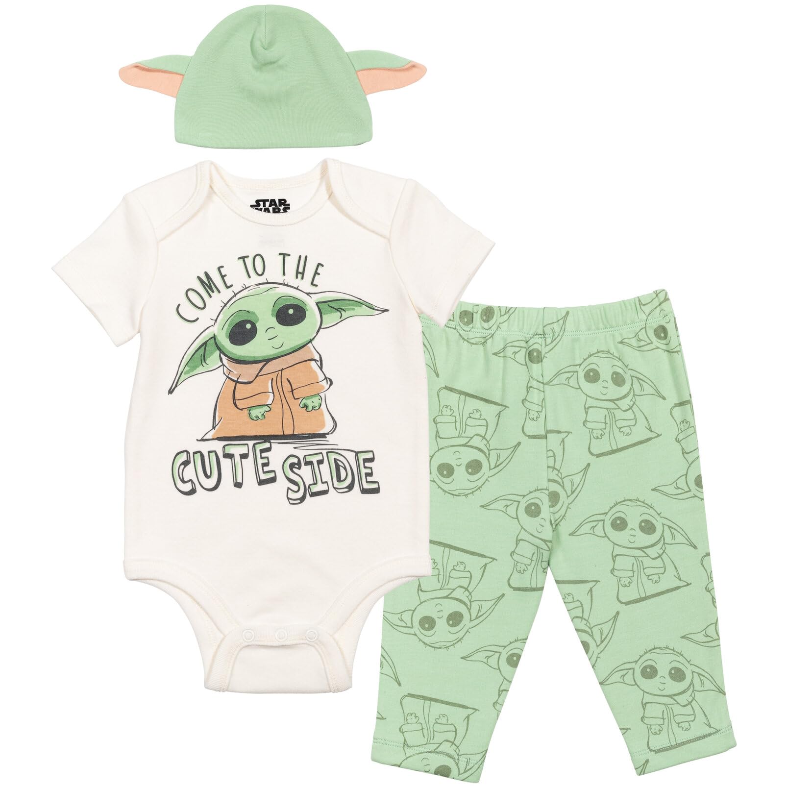 Star Wars Mandalorian Baby Yoda Baby Boys 3 Piece Outfit Set: Bodysuit Pants Hat 0-3 Months Green/White
