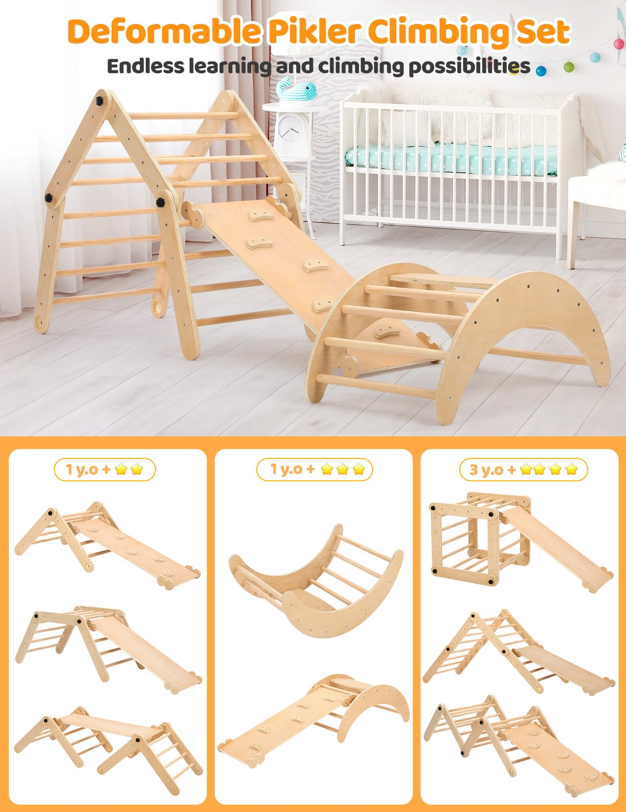 Dripex Deformable Pikler Triangle Set, Large Montessori Climbing Set With Over 20 Playing Modes, Pikler Triangle With Slide Arch