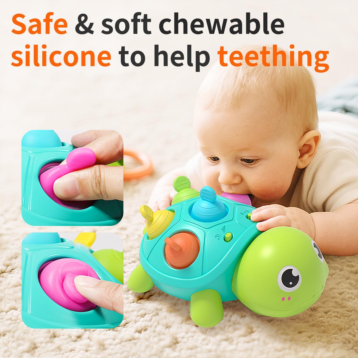 GeeKiPrime Baby Musical Crawling Toys 6 to 12 Months, Infant Turtle Light Up Toy for Teething Fine Motor Sleep Aid, Baby 7 8 9 1