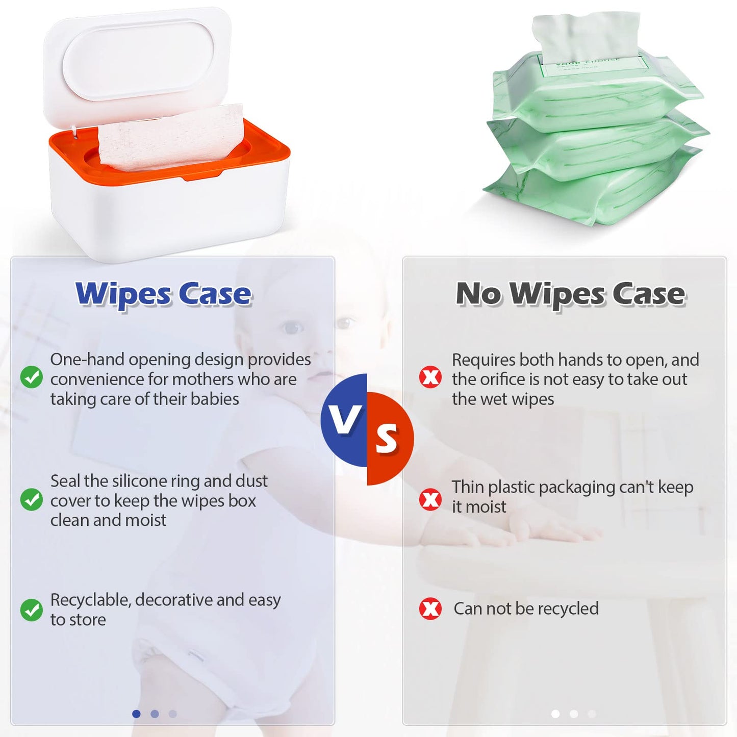 Flenpptly Baby Wipes Dispenser, Wipes Case Baby Wipe Holder Keeps Wipes Fresh, Non-Slip, Easy Open & Close (Orange)
