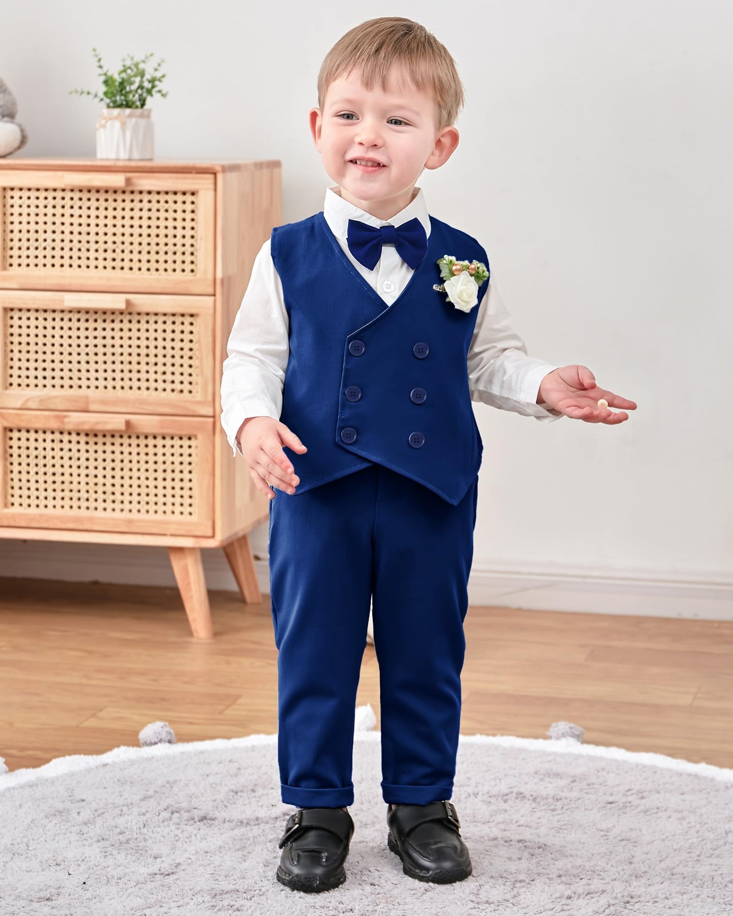 Yallet Toddler Baby Boy Clothes Suit Gentleman Wedding Outfits, Formal Dress Shirt+Bowtie+Vest+Boutonniere+Suspender Pants(V Blu