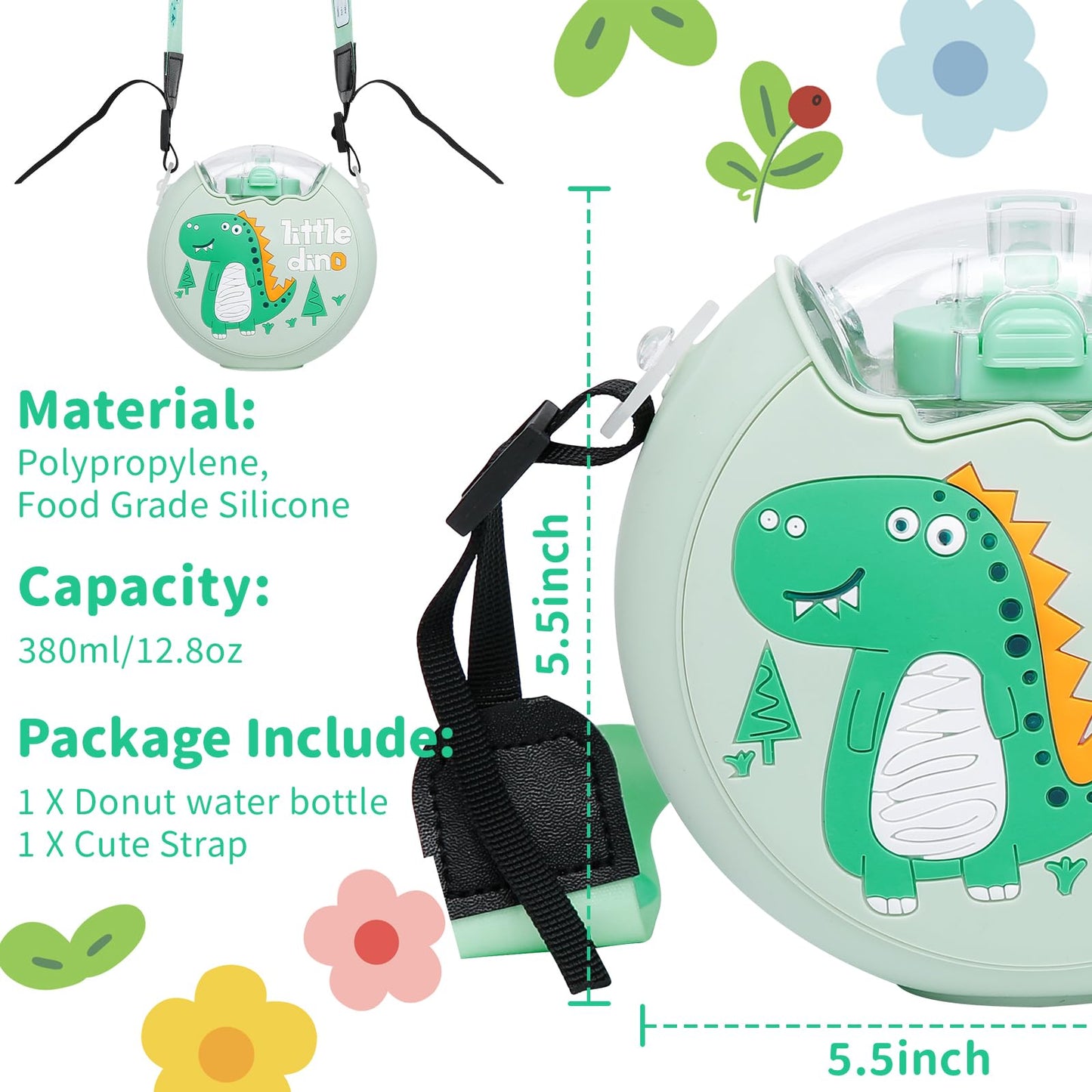 Pheenowl 13Oz Donut Water Bottle With Straw For Kids, Bpa Free & Leak Proof Sports Cup For Girls Toddler Drink Bottle With Shoul