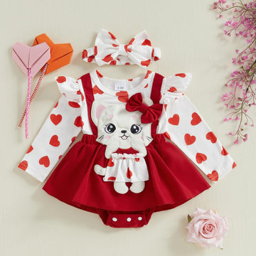 Lagkiyoj Newborn Baby Valentines Day Outfit Baby Girl Romper Ruffle Long Sleeve Ribbed Valentines Dress With Headband (Heart Red