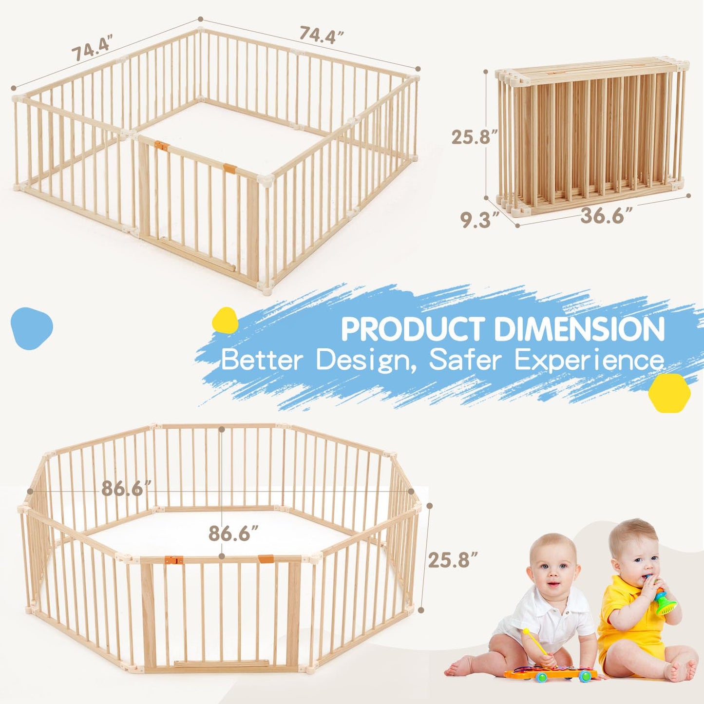 Hommow Wooden Baby Playpen Extra Large, 74?74Foldable Play Fence For Babies And Toddlers,Safety Play Yard With Locking Gate, Cha