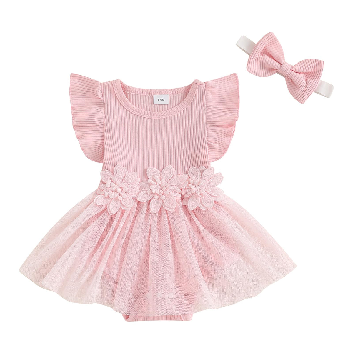 Hnyenmcko Newborn Baby Girl Summer Romper Dress Infant Fly Sleeve Flower Embroidery Mesh Tulle Skirt Hem Ribbed Bodysuit, TbPin