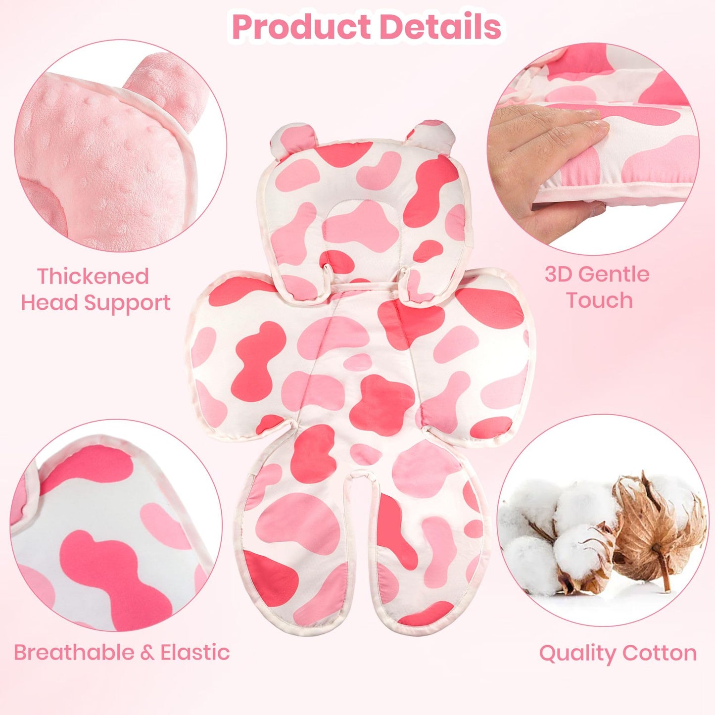 Honeau Baby 3In1 Car Seat Head Body Support,Reversible Cotton-Minnky Infant Car Seat Insert Newborn Boys Girls,Soft Breathable C