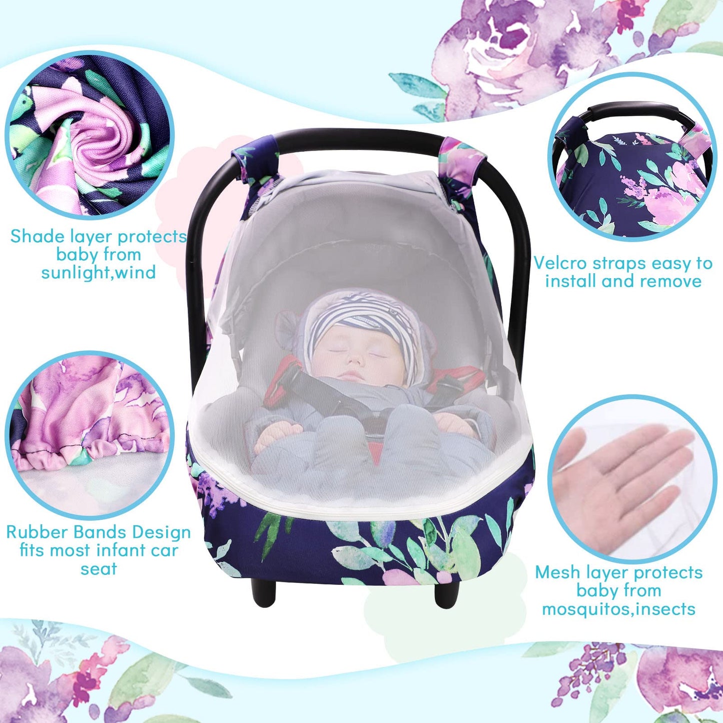 Baby Car Seat Cover, Purple Flower, Infant Carseat Canopy Girls, Summer Cozy Net Cover, Breathable Comfortable, Watercolor Flora
