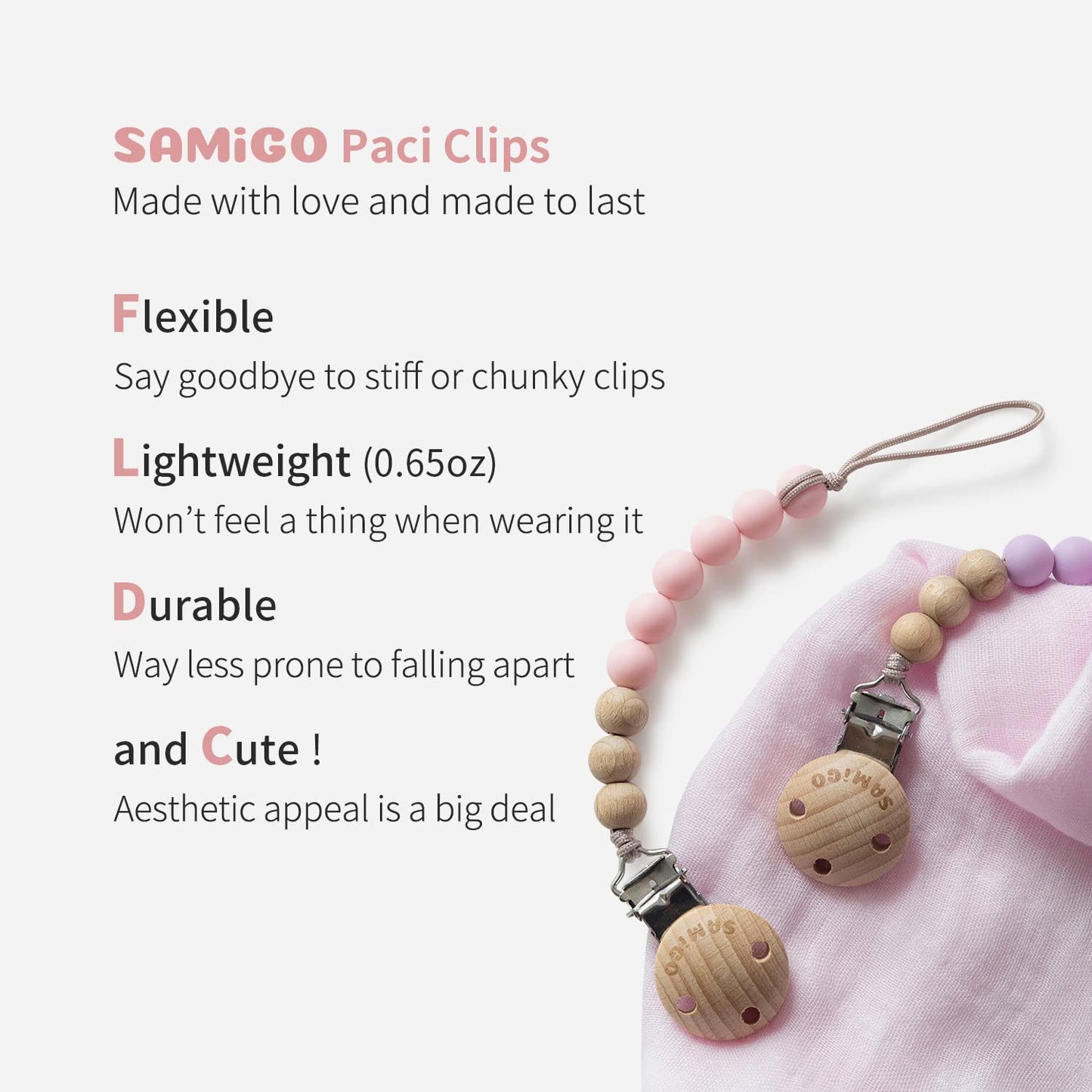 Samigo Pacifier Clips For Baby Girls Silicone Paci Holders Binky Clips - 2 Pack