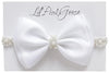 LilPinkGoose 0-12 Newborn Baby Baptism Pearl Headband or Clip with Bow in WHITE Christening Headband with Satin Bow, Pearl Rhine