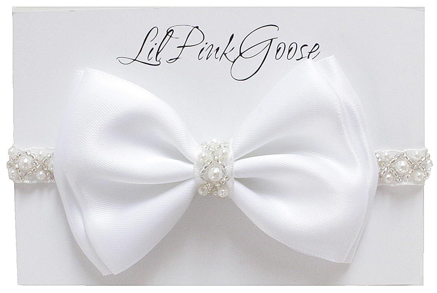LilPinkGoose 0-12 Newborn Baby Baptism Pearl Headband or Clip with Bow in WHITE Christening Headband with Satin Bow, Pearl Rhine