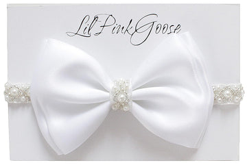 LilPinkGoose 0-12 Newborn Baby Baptism Pearl Headband or Clip with Bow in WHITE Christening Headband with Satin Bow, Pearl Rhine
