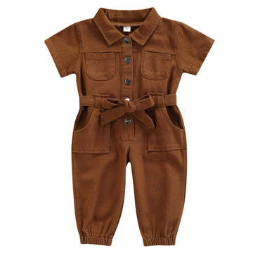 Mubineo Toddler Baby Girl Summer Fall Basic Plain Short Sleeve Cotton Linen Drawstring Romper Jumpsuit (Y2 Brown, 12-18 Months)