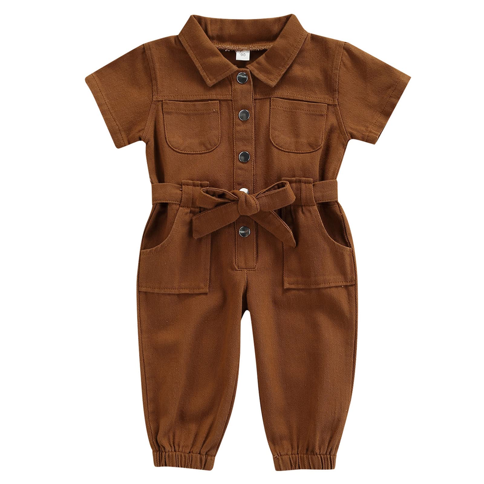 Mubineo Toddler Baby Girl Summer Fall Basic Plain Short Sleeve Cotton Linen Drawstring Romper Jumpsuit (Y2 Brown, 4-5 Years)